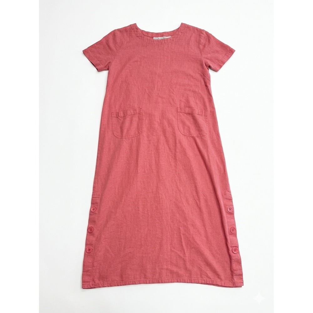 Studio Ease Midi Dress Womens 8 Pink Good Linen Blend Side Button Shift Pocket